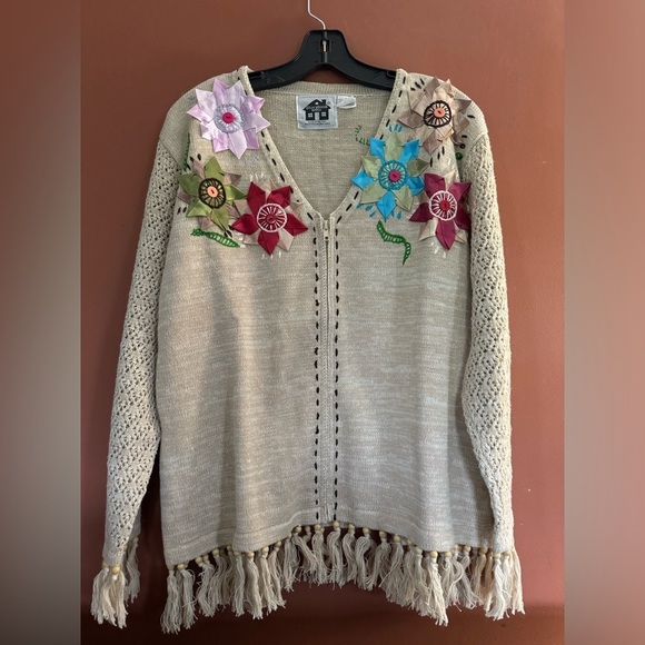 stonybook Sweaters - Vintage Storybook Knits Cardigan Sweater  beige Crochet Fringe Granny size L